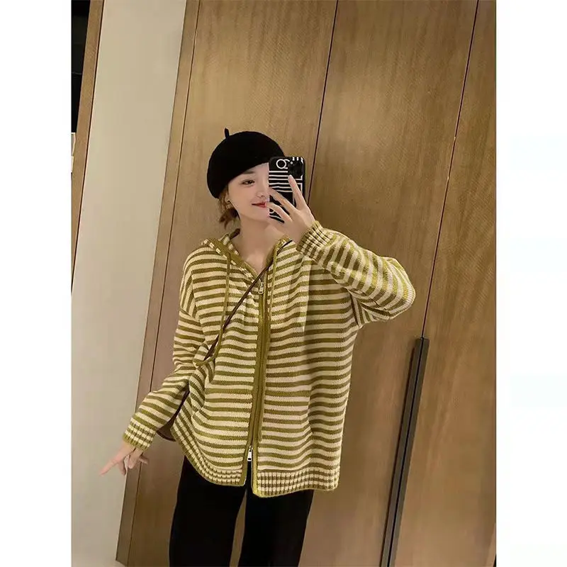 

Женский свитер, весна-осень, на молнии, в полоску, Открытый свитер, зима 2023, Набор для вышивания, новая Корейская версия свитера для женщин