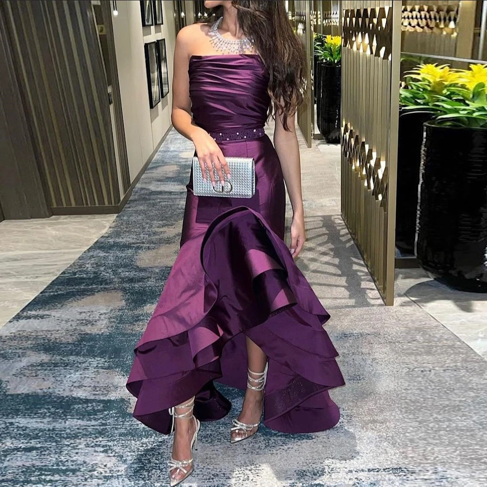 

Welove Purple Satin Evening Gowns Saudi Arabia Tiered Strapless Formal Prom Dress Vestido De Festa Party Gowns New 2023