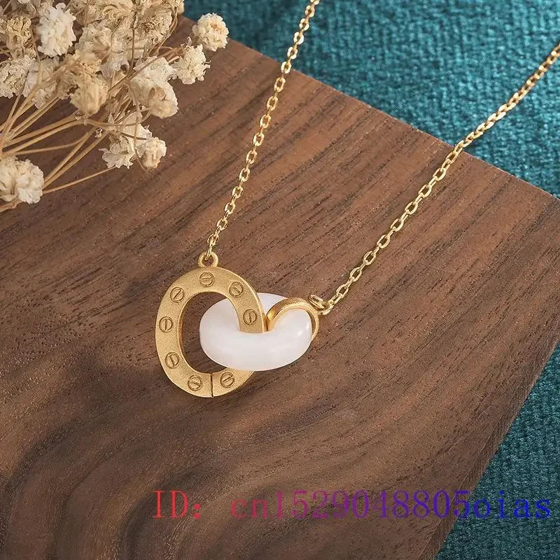 

White Jade Doughnut Pendant Agate Women Charm Necklace Chalcedony Gemstone Zircon Gifts Natural Crystal 925 Silver Chinese