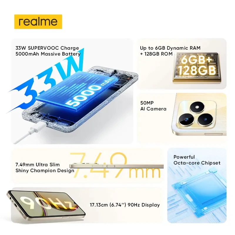 Realme 옥타코어 울트라 슬림 SUPERVOOC 충전 5000mAh 배터리, 50MP AI 카메라, 6.74 인치 HD 90 Hz 화면 NFC, C53, 6GB, 128GB, 33W