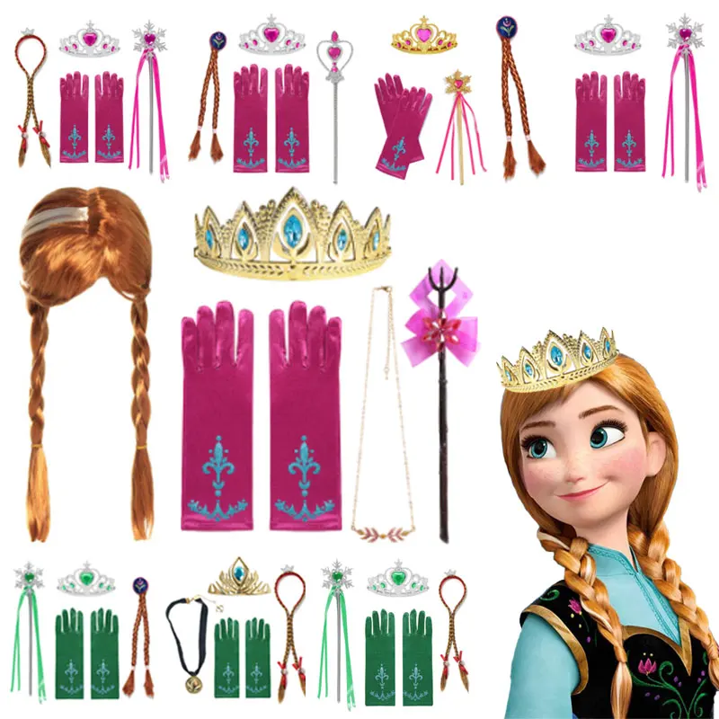 

Disney Frozen1/2 Accessories Gloves Wand Crown Jewelry Set Wig Braid for Anna Elsa Princess Dress Clothing Cosplay Snow Queen