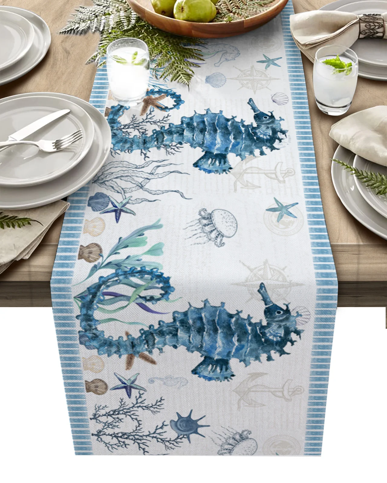 

Mediterranean Style Ocean Starfish Seahorse Stripes Linen Table Runner Kitchen Table Decoration Tablecloth Wedding Party Decor