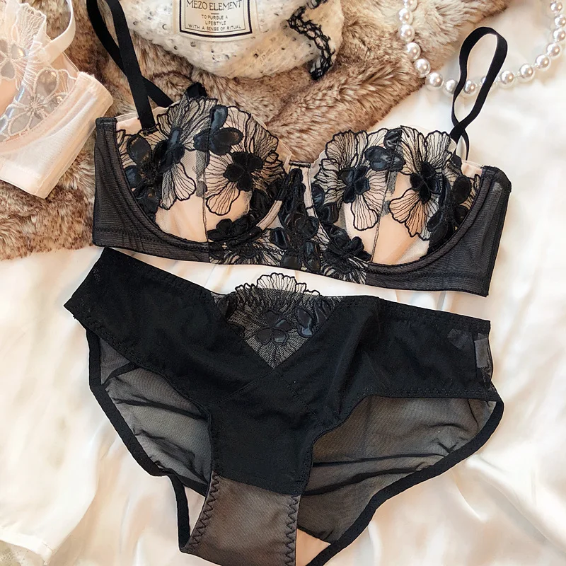 French Lace Flowers Embroidery Underwear Set for Women Sexy Mesh Breathable Push Up Bra Set 1/2 Thin Cup Brassiere Lingerie