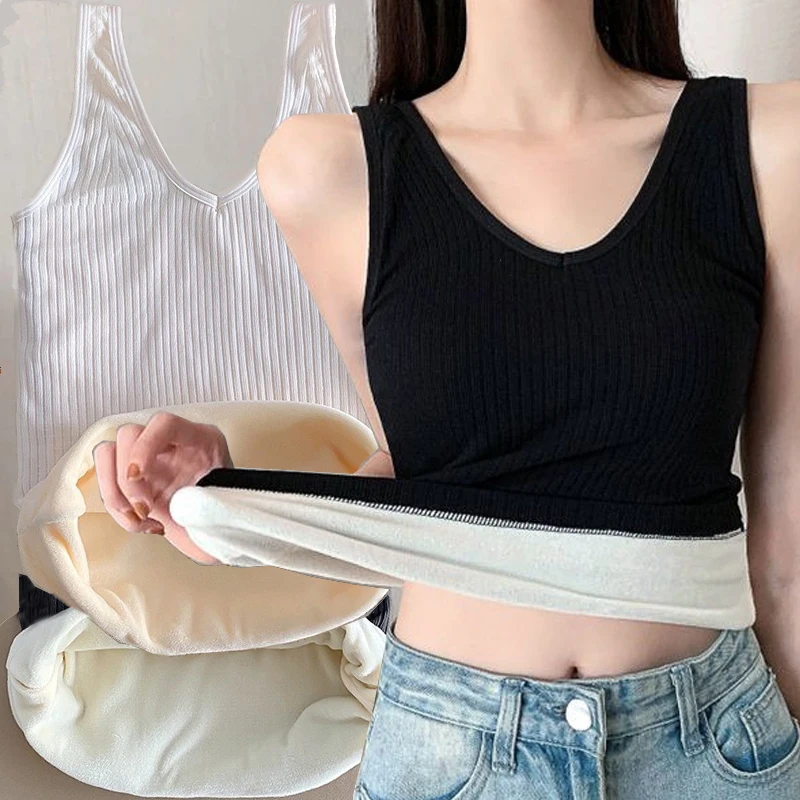 

Winter Thermal Vest High Elastic Seamless Plus Velvet Shirt Sleeveless Crop Top Sexy Warm Undershirt Camisoles Underwear Tops