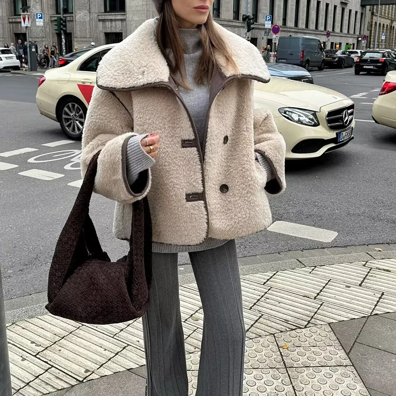 Fleece Jackets Women's Winter Coat inszart Casual Loose Outwear Patchwork 2024 Patchwork With Button Long Sleeve Woman Jackets