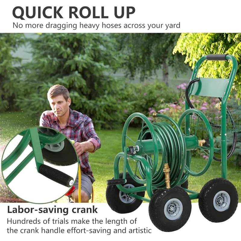 Hose Reel Hold Up To 300 Ft Heavy Duty Garden Hose Reel Sturdy Water Hose Reel Cart 4 Wheels Storage Basket Garden Lawn Yard 5