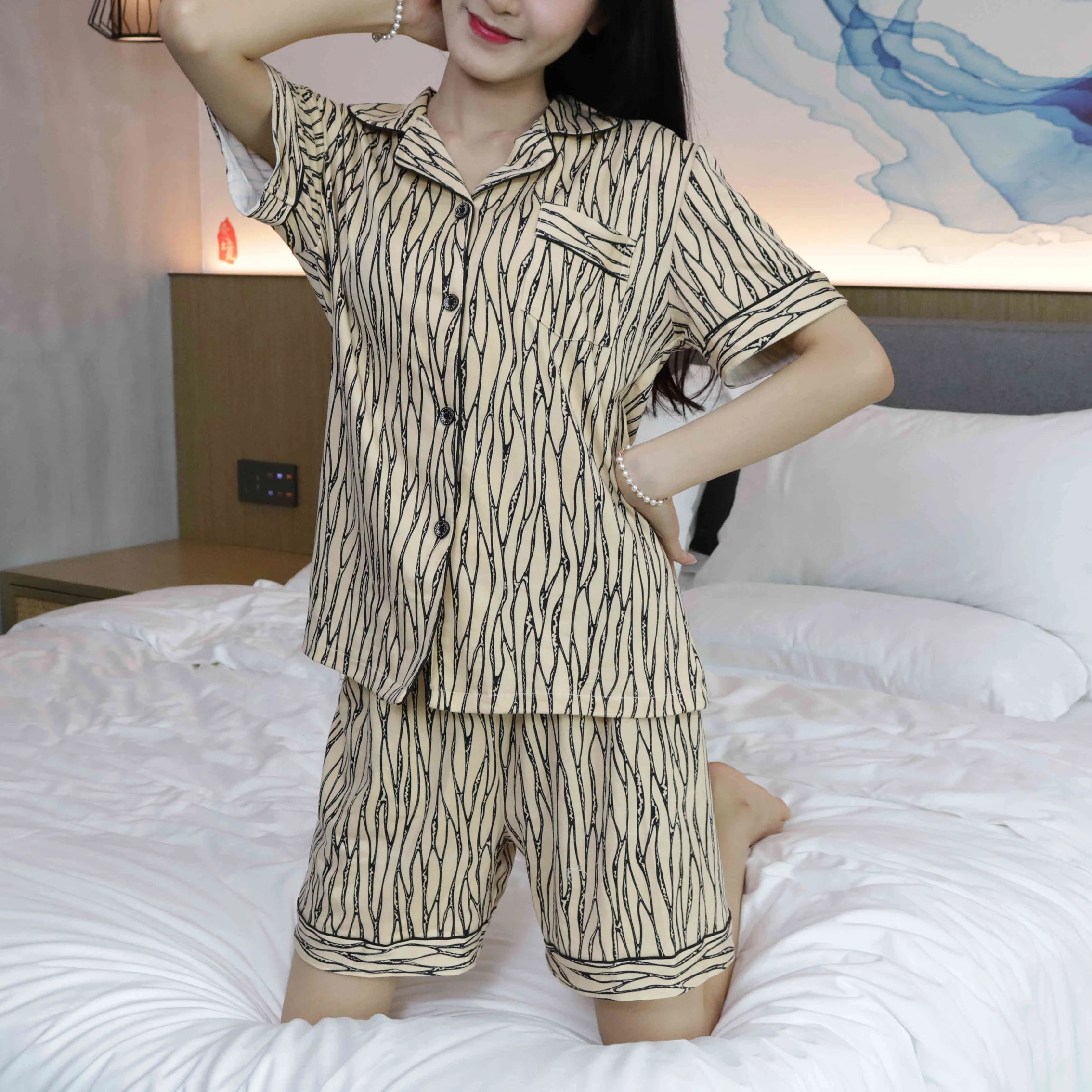 Summer three piece pajamas, women's imitation cotton fashion casual cardigan, small square neck, irregular stripes, home wear