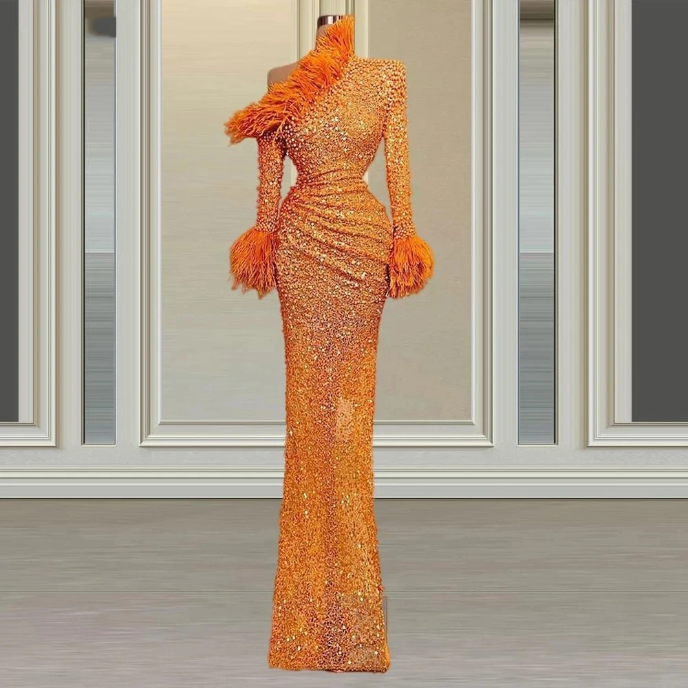 

Orange Sequins Long Sleeves One Shoulder Evening Dresses Shiny Bead String Mermaid Pleated Feather Princess Prom Gowns 2023