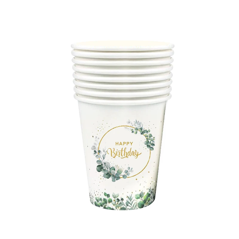 1Set Eucalyptus Happy Birthday Disposable Tableware Paper Plate Cup Napkins Green Leaf Birthday Party Decoration Supplies