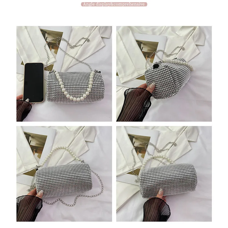 Borsa a tracolla Boston a mano con catena occidentale alla moda, nuova primavera/estate, con diamante lucido e perla sotto le ascelle_voghion.com