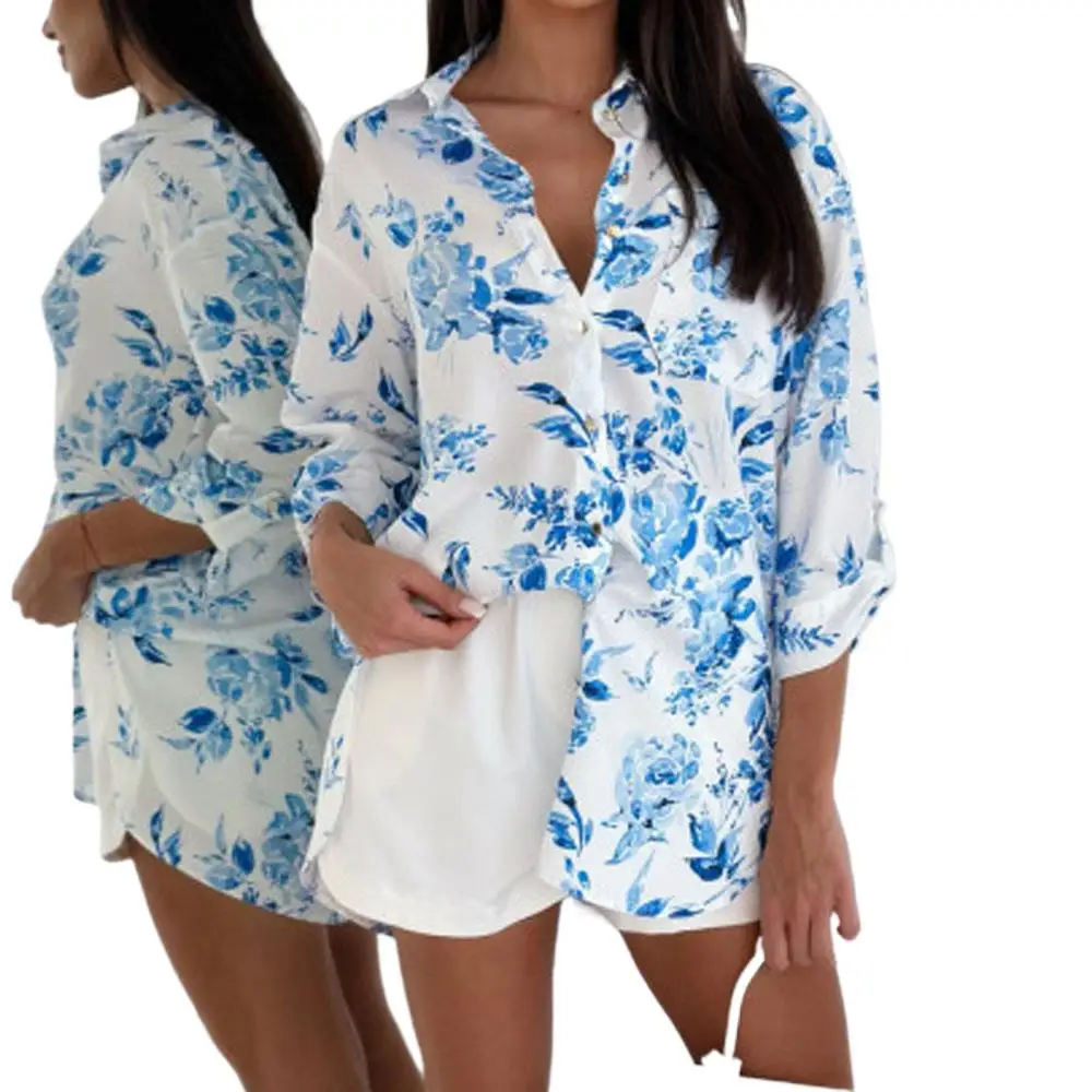 Floral Print Long Sleeve Button Women Blouse