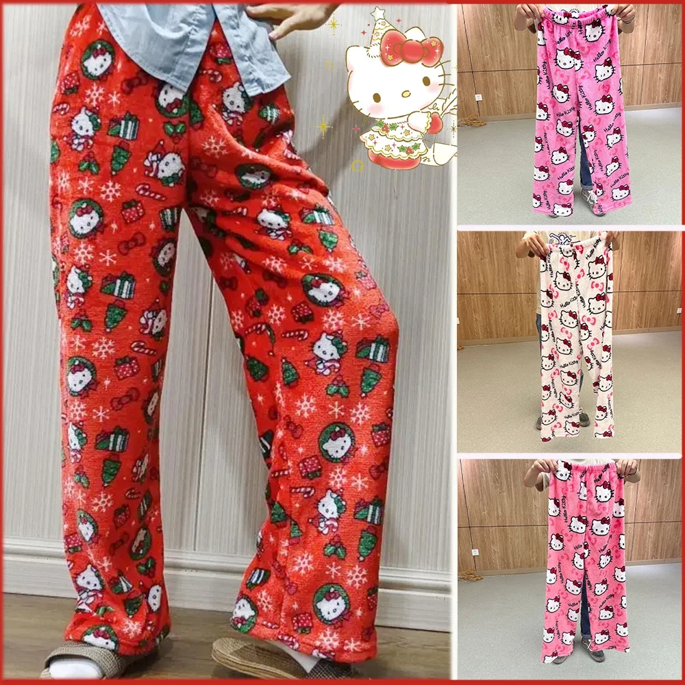 Cartoon Plush Pajama Pants Y2K Hello Kitty Sanrioed Kawaii Spring Winter Soft Thickened Homewear Pants Sweet Girl Student Gift 4