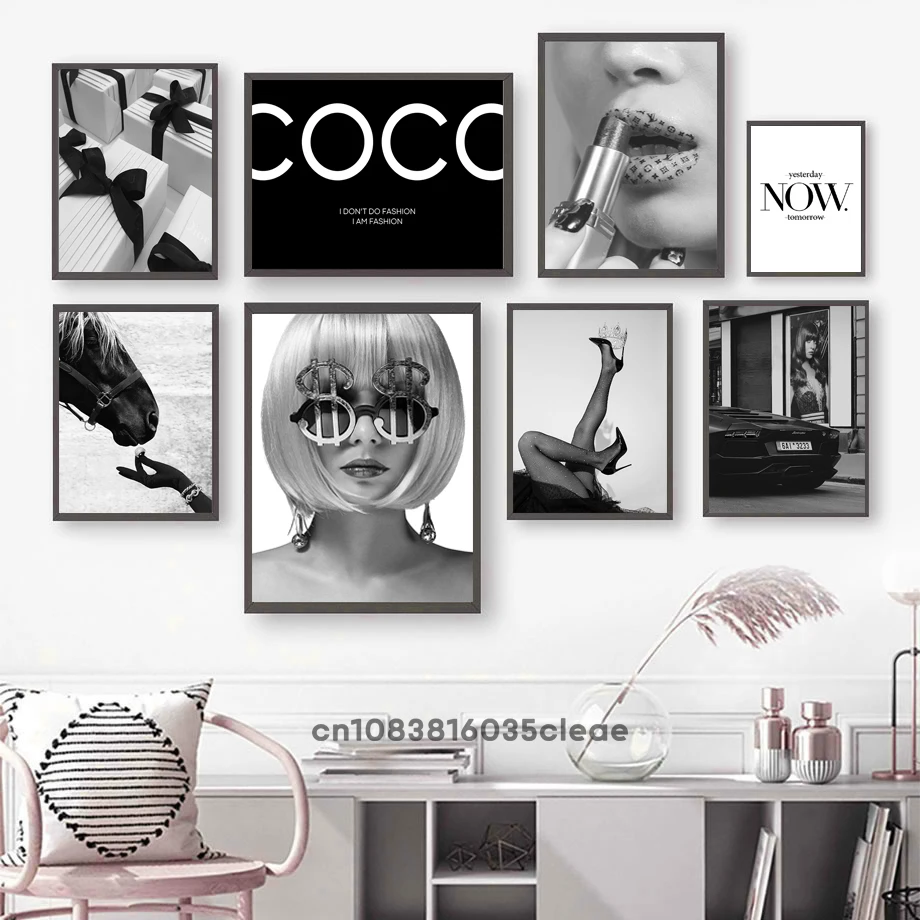 

Modern Black White Fashion Sexy Gir Poster Luxury Car Canvas Painting Wall Art Picture Posters and Prints Living Room Home Decor