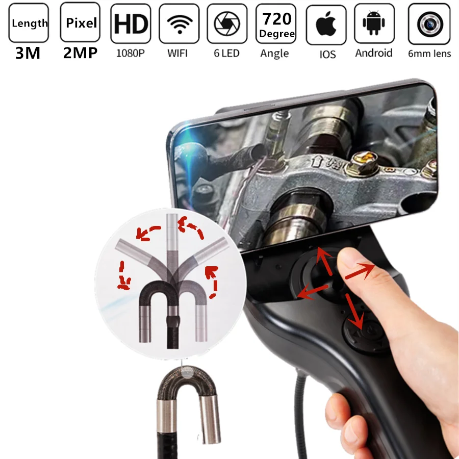 4 Way 720° Rotation Articulating Borescope WIFI Steering Endoscope Camera For Car 1M/3M Cable Inspection 6 Adjustable LED