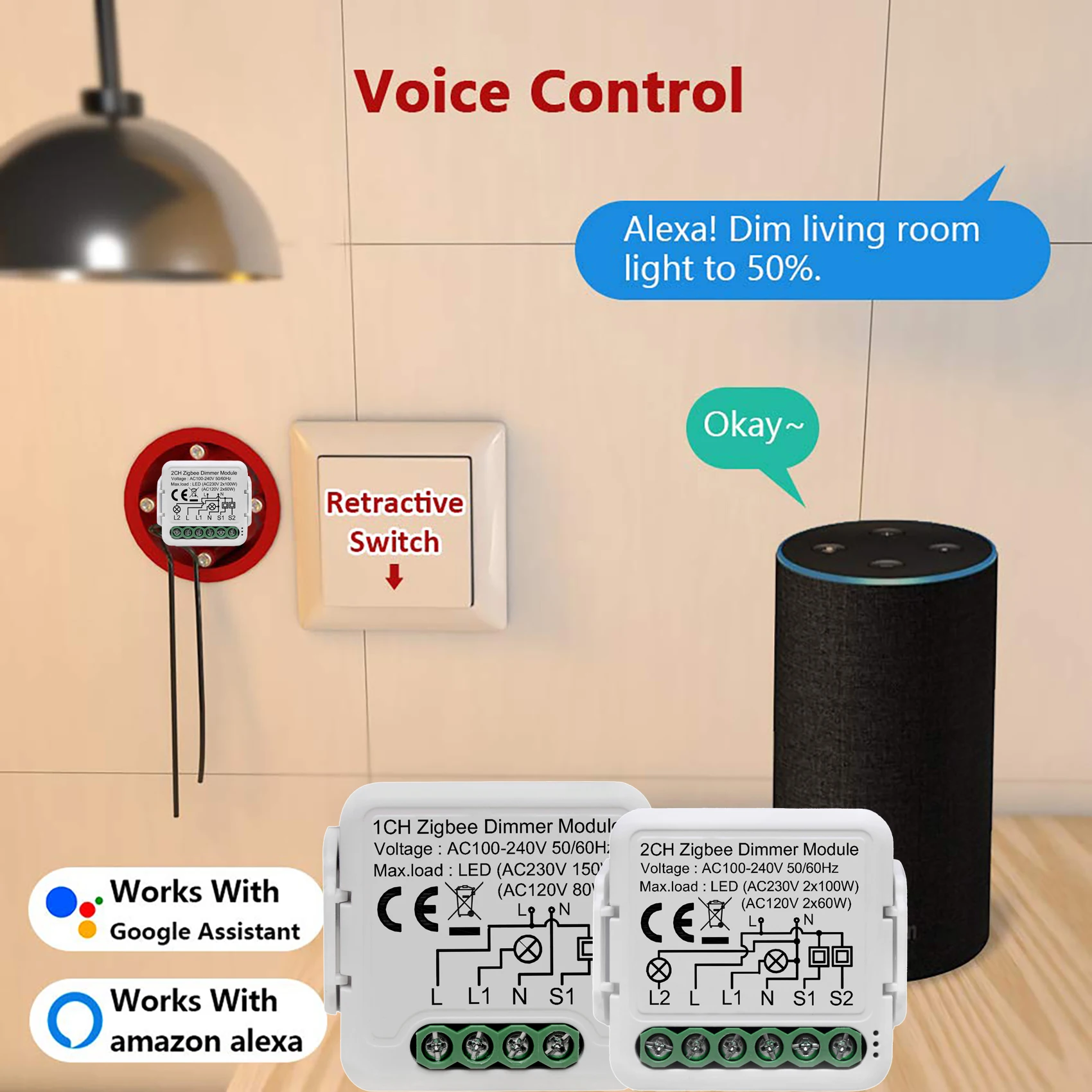 Domótica, Controlo por Voz, Trabalhar com Google, Alexa, 110-240V