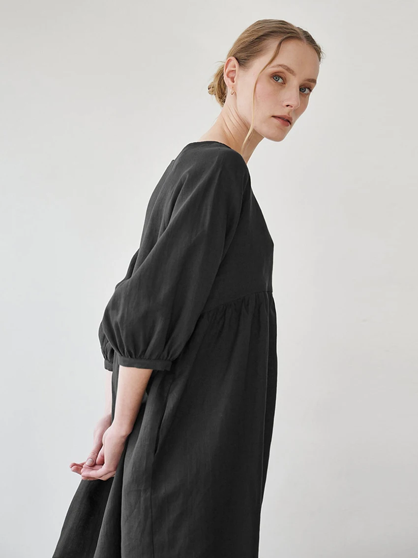 Marthaqiqi Causal Home Clothes For Women O-Neck Sleepwear Half Sleeve Nightgowns Loose Mini Dress Black Cotton Female Nightwear