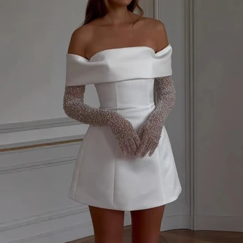 Summer Dresses 2025 Elegant Solid Color Short Sleeve Off Shoulder Layered Mini A-Line Party Dresses for Women 1