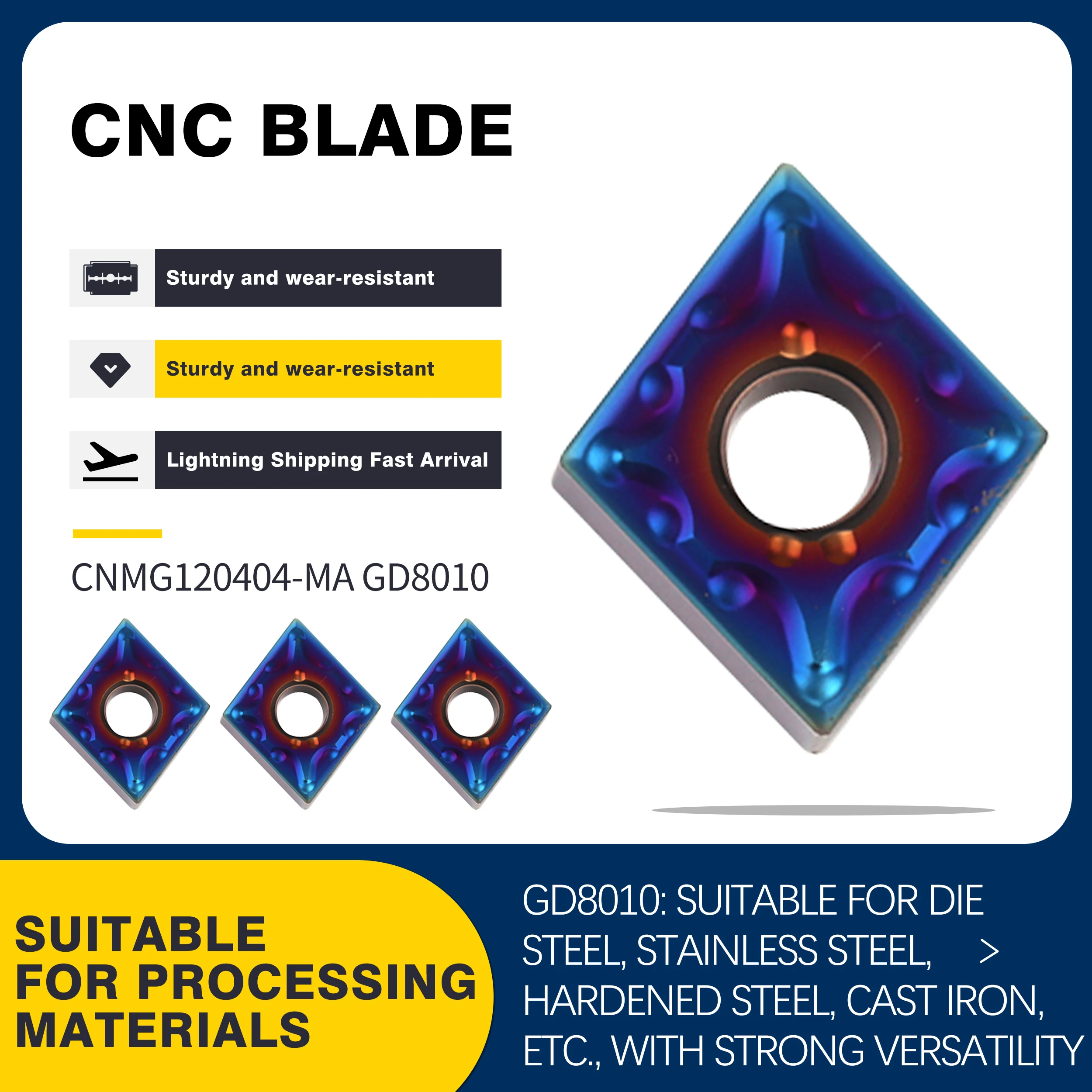 

CNMG120404/CNMG120408 MA GD8010 CNC Lathe High Quality Carbide Insert External Turning Tool Nano Blue Flame Serie Milling Blades