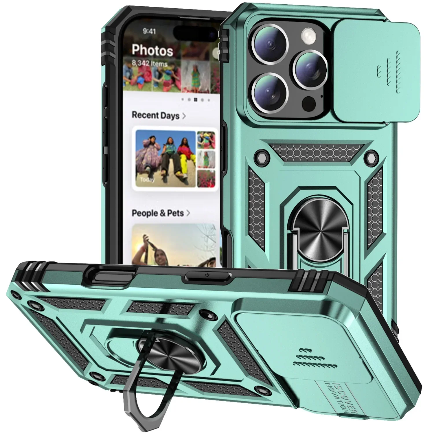 Durable Armor Case with Rotating Ring Stand and Slide Camera Lens Cover