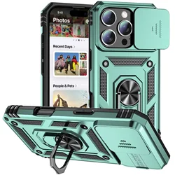 Durable Armor Case with Rotating Ring Stand and Slide Camera Lens Cover - iPhone 17 Pro Max (Green)