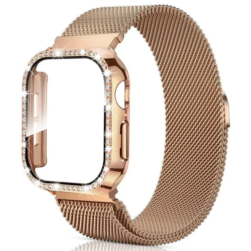 Elegant Diamond Milanese Loop Band with Protective Case - 2-in-1 Watch Accessory