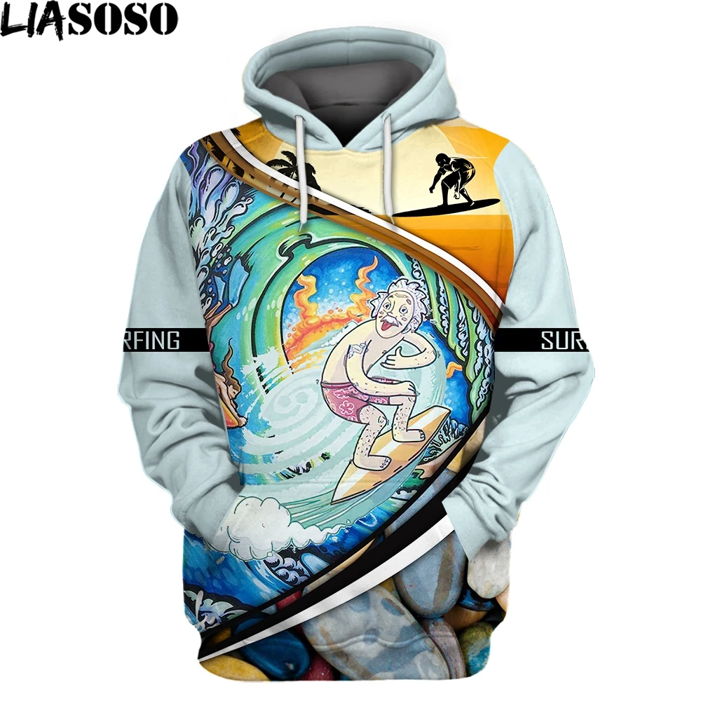 

LIASOSO Surf Wave Extreme Sports Animation 3D Men's Fun Hoodie Top Colorful Print Harakuju Otaku Streetwear Oversized Hoodie