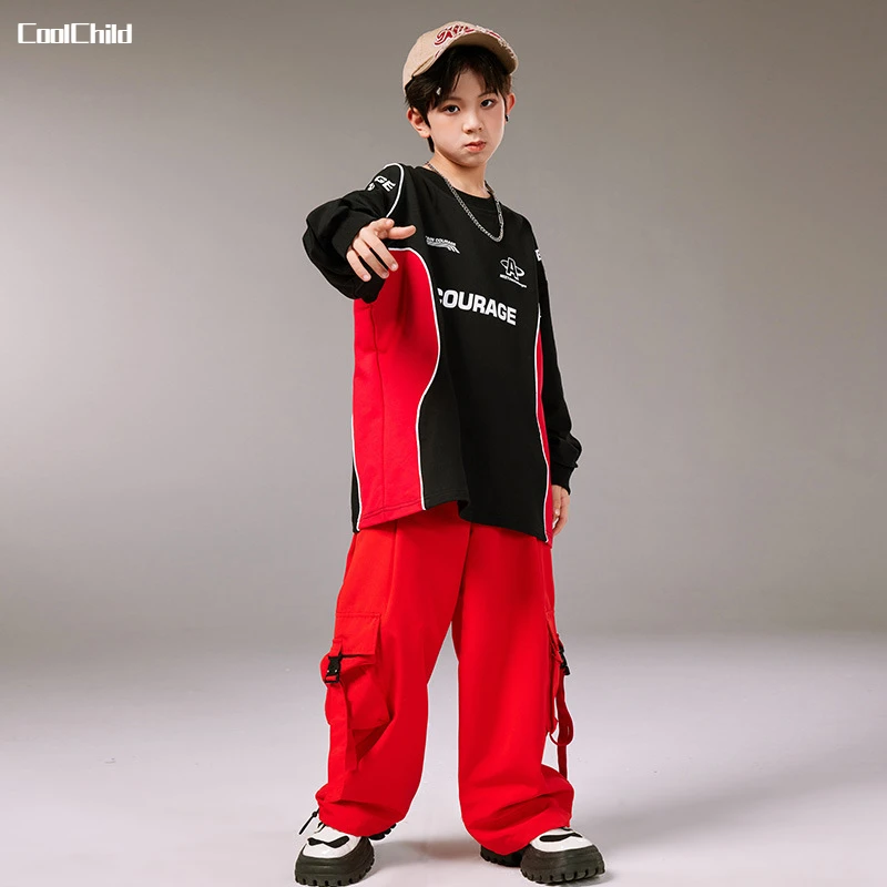 Girls Hip Hop Contrast Crop Top Red Cargo Pants Clothes Sets Boys Street Dance Sweatshirt Kids Jazz Costumes Children Streetwear