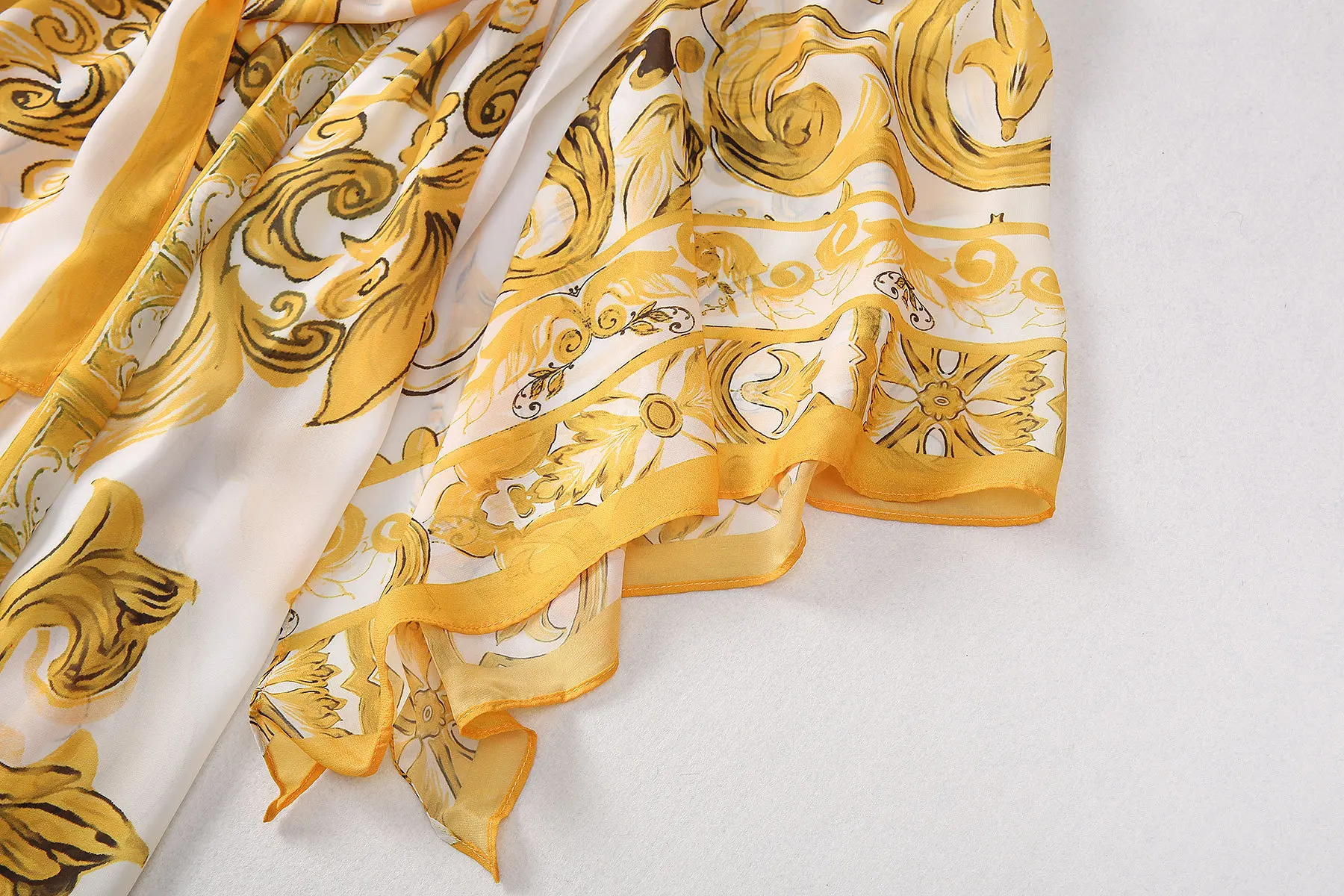 Wein Lady Women's Chiffon Silk Printed Large Swing V-neck Flying Sleeves Yellow Porcelain Dress Cross-border Women's Long Skirt