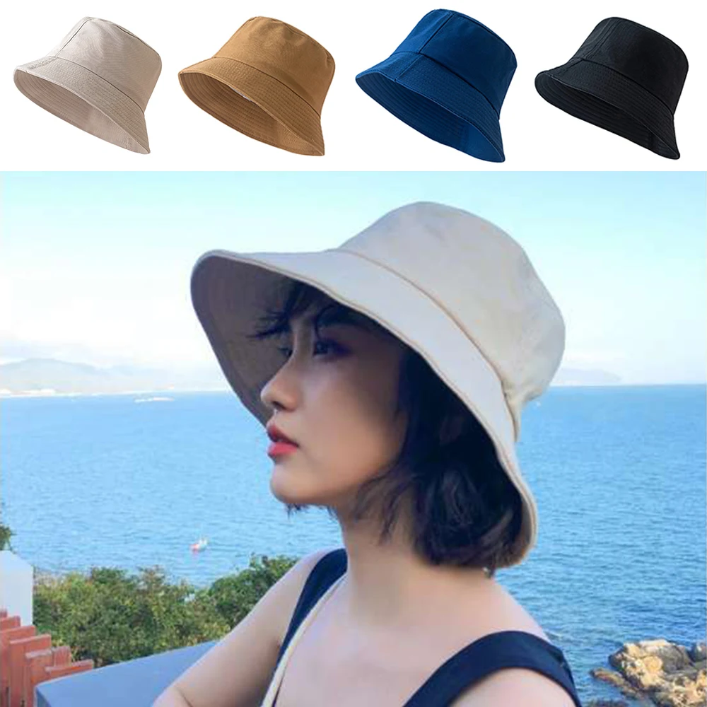 

Women Men Cotton Bucket Hat Foldable Fisherman Hat Solid Color Wide Brim Panama Cap Outdoor UV Protection Hat Casual Beach Cap