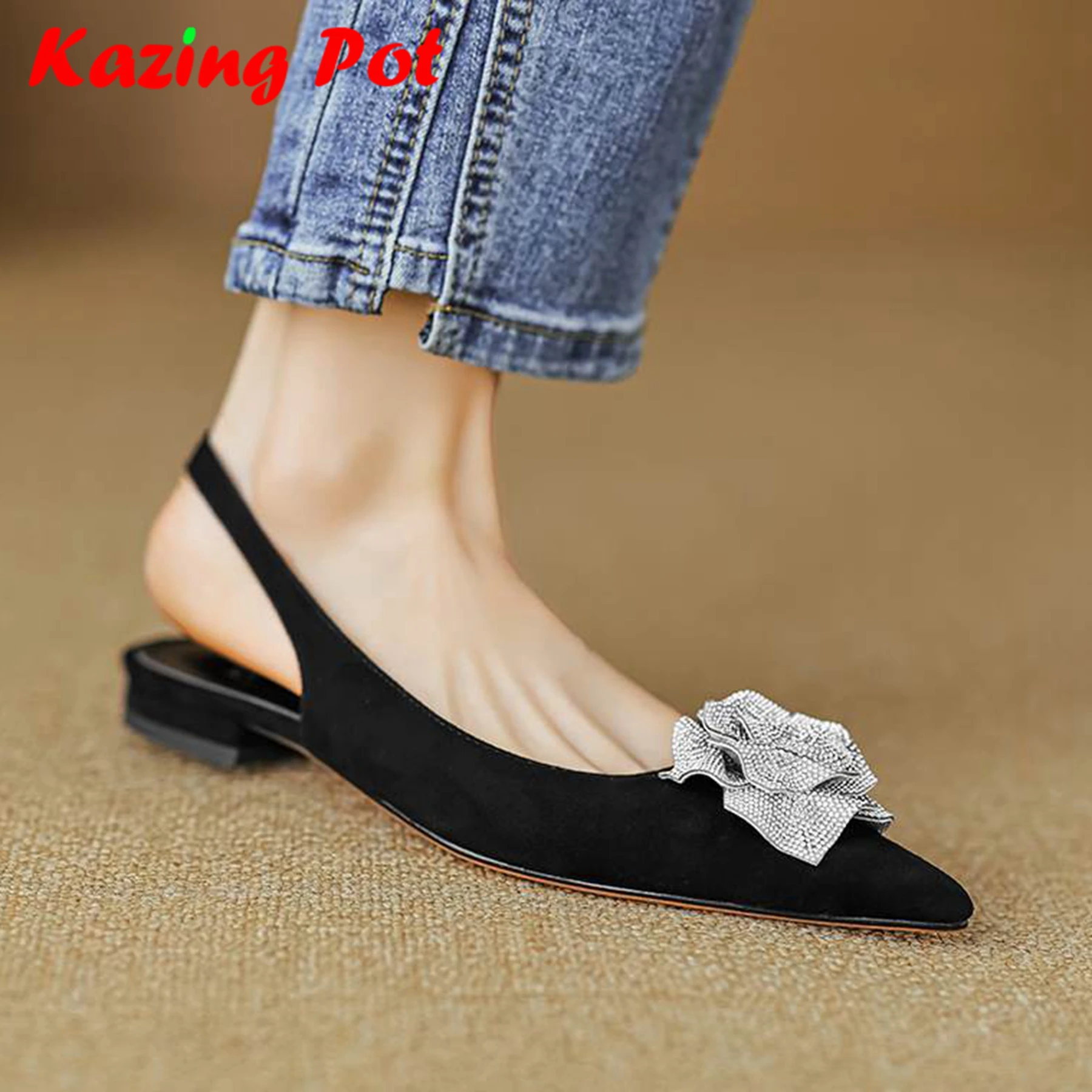 

Krazing Pot Cow Skin Pointed Toe Women Summer Slip On Street Wear Art Design Low Heels Slingback Flowers Appliques Shallow Shoes