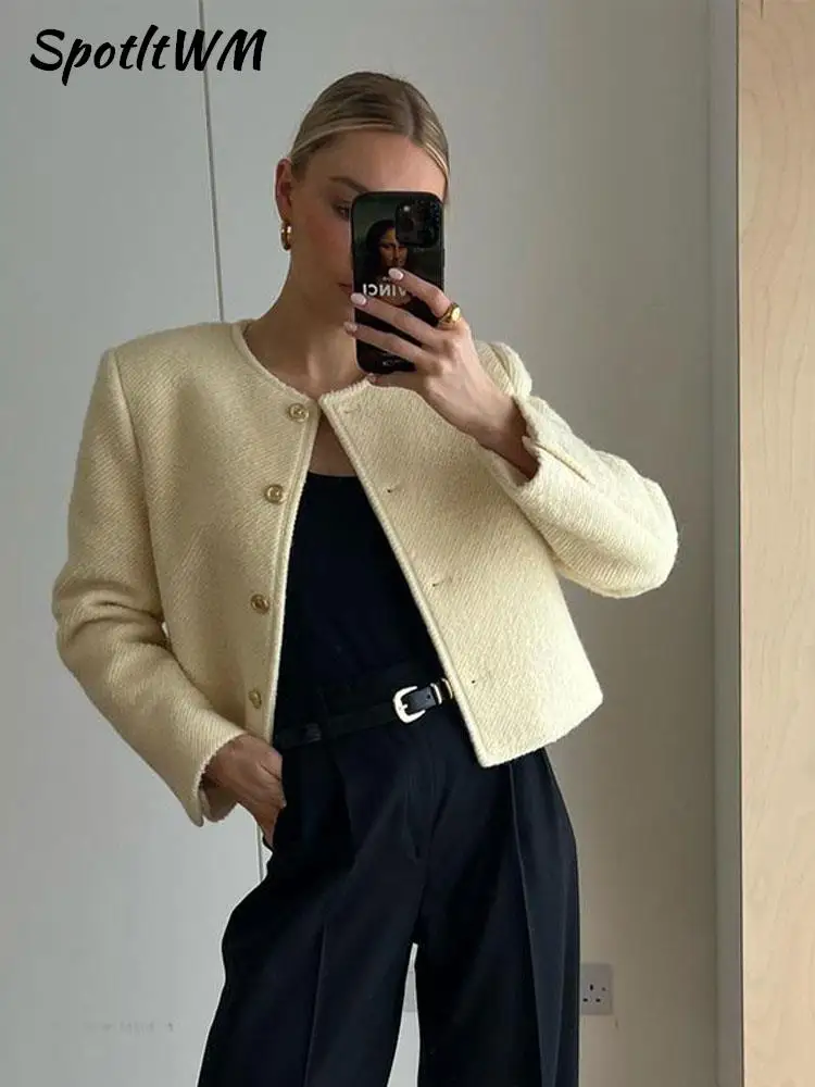 

Women Solid O Neck Cropped Coat Vintage Loose Long Sleeve Warm Chic Jacket Winter Female Fashion Street Thick Outerwear 2023
