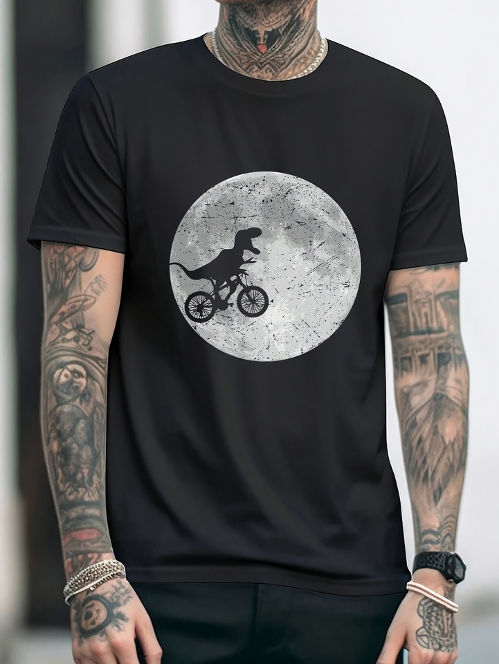 Men's Summer 100 Cotton Fashionable Casual Loose Large Dinosaur Cycling Printed Sports Round Neck Short Sleeve T-shirt Top
