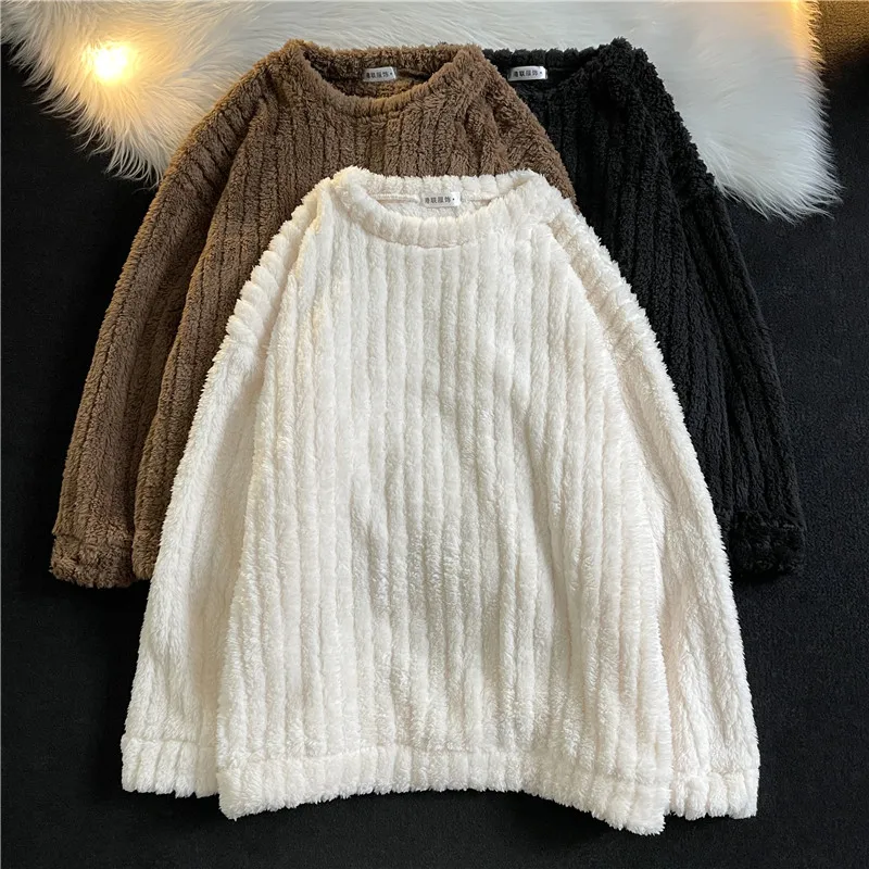 

2024 Autumn Winter Men New Solid Color Cashmere Tops Men's Loose Hoodies Sweatshirts Male Oversized O-neck Pullover Tops P650