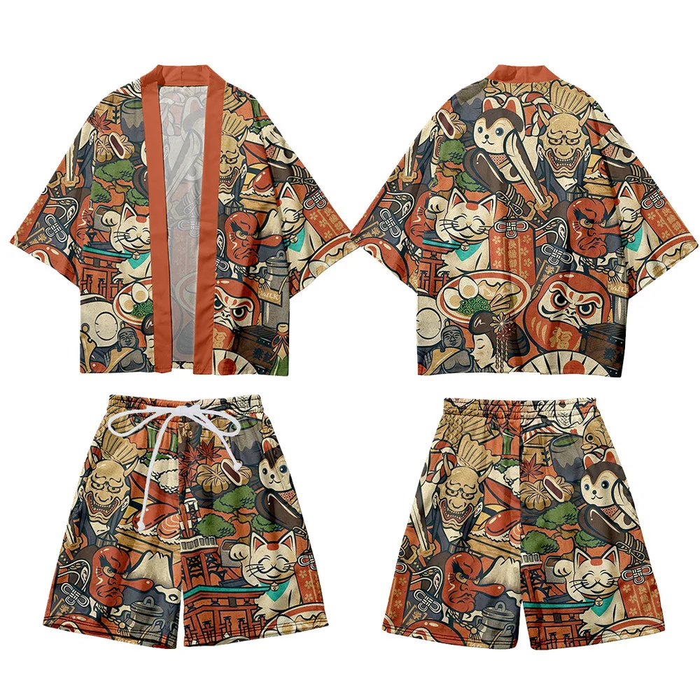 Japanese Kimono Plus Size 5XL Japanese Kimono Cardigan Shorts Set Print Tradition Yukata Haori Cosplay Costume