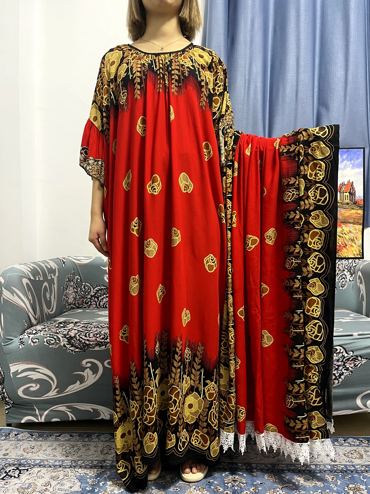 Muslim Dress For Women Dubai Turkey Islam Djellaba Abayas 2023 Embroider Loose Dresses Round Neck African With Big Lace Scarf