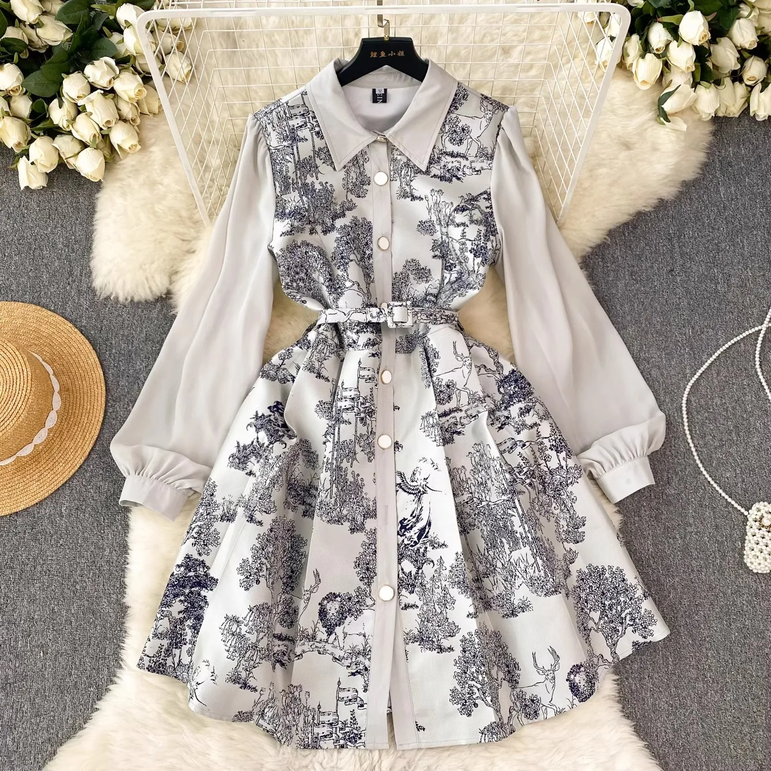 

Runway Designer Jungle Jacquard Mini Dress Women's Turn Down Neck Mesh Sleeve Single Breasted Belt Vintage Party Vestidos