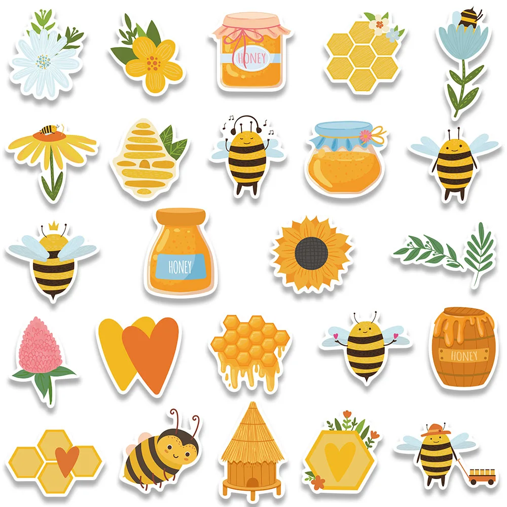 50pcs Cute Cartoon Honey Bee Flower Stickers For Luggage Guitar Phone Skateboard Waterproof Graffiti Laptop Decals Kids Toy