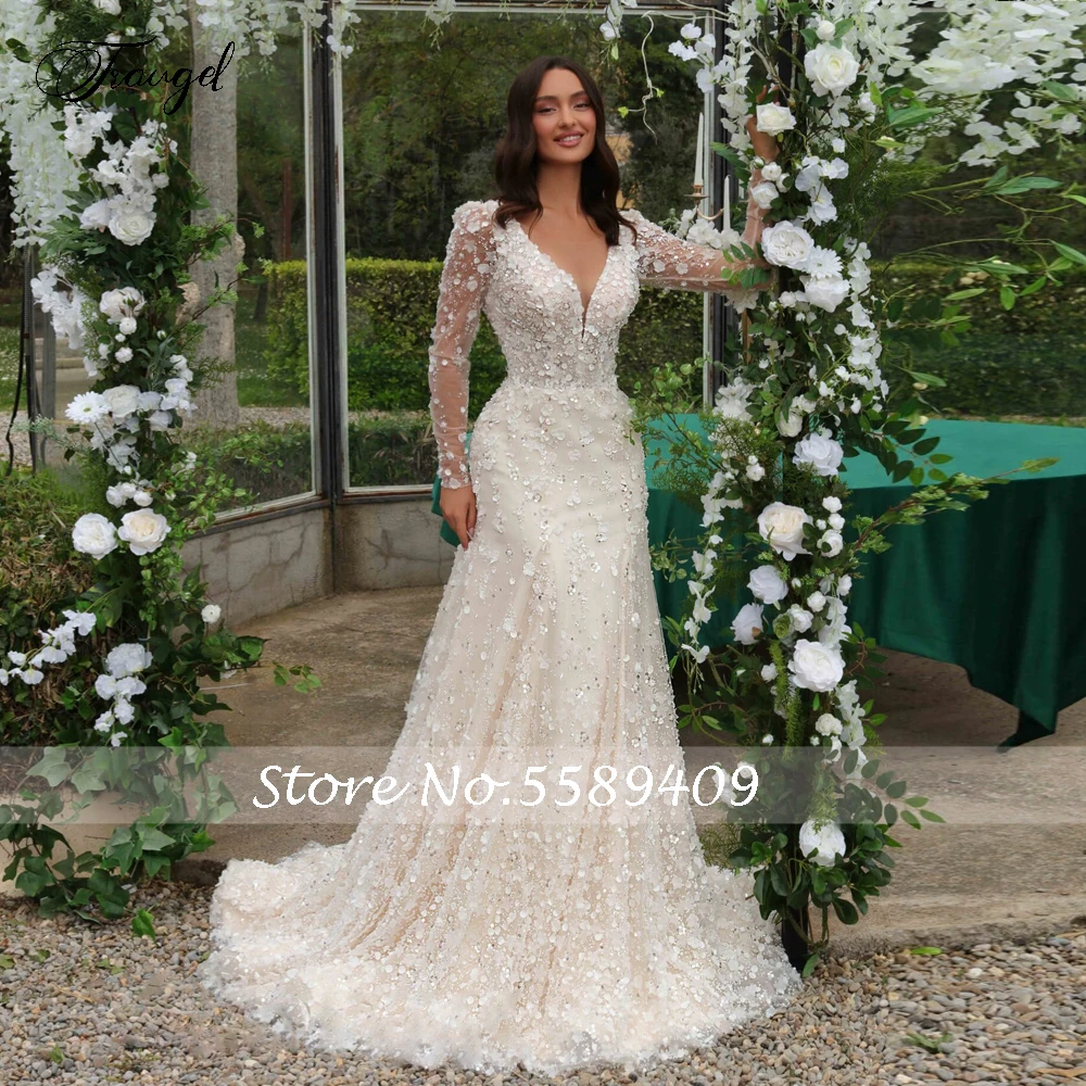 Customized Mermaid Luxury Wedding Dresses V-Neck Long Sleeve Vestido De Novia Lace 3D Flowers Detachable Train Robe De Mariee 3