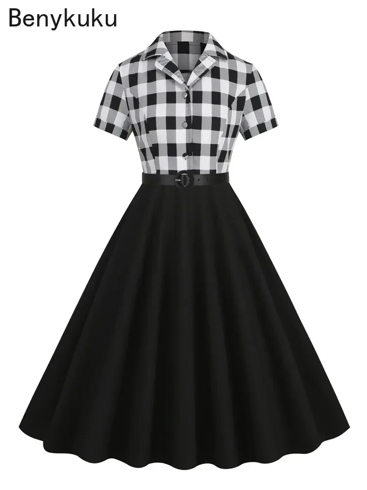 

Plaid Black Two Tone 50s Rockabilly Vintage Dress Elegant Ladies Office Wear Women Notched Collar Button Up Belted Cotton Dress