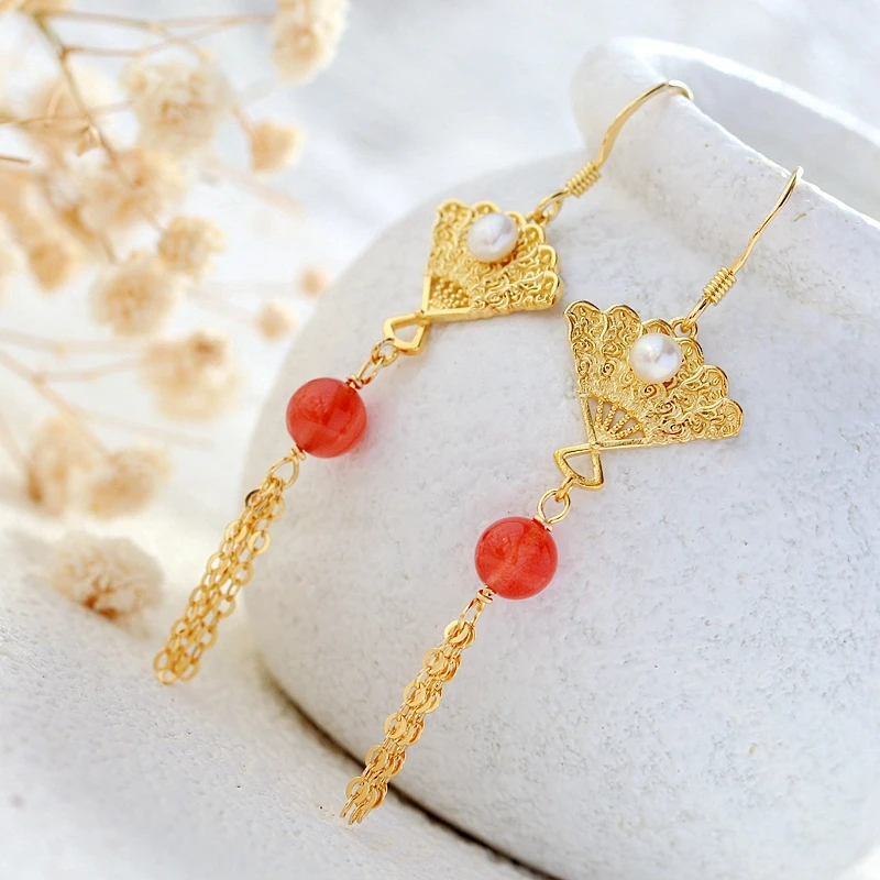 

Аутентичные женские серьги с искусственной кожей, серьги ручной работы в национальном стиле, серьги с натуральным южнокрасным агатом и покрытием из 18-каратного золота