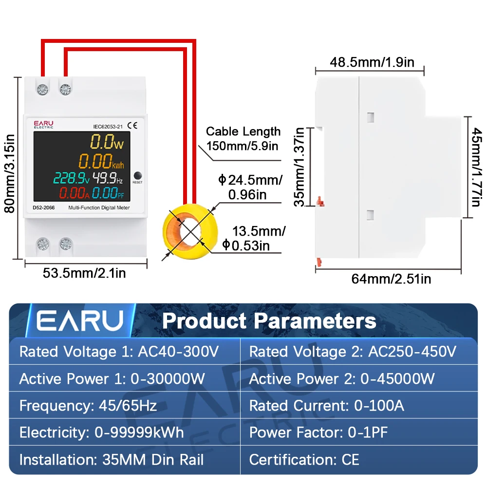 EARU 6-in-1 DIN-Schienen-AC-Monitor 110V 220V 380V 100A Spannung Strom Leistungsfaktor Aktiver KWh Elektrischer Energiemesser Frequenzmesser VOLT – Detail 2