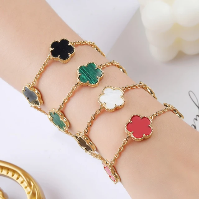 Mop Four Leaf Clover Charms Bracelet - Gold and Silver. Gold