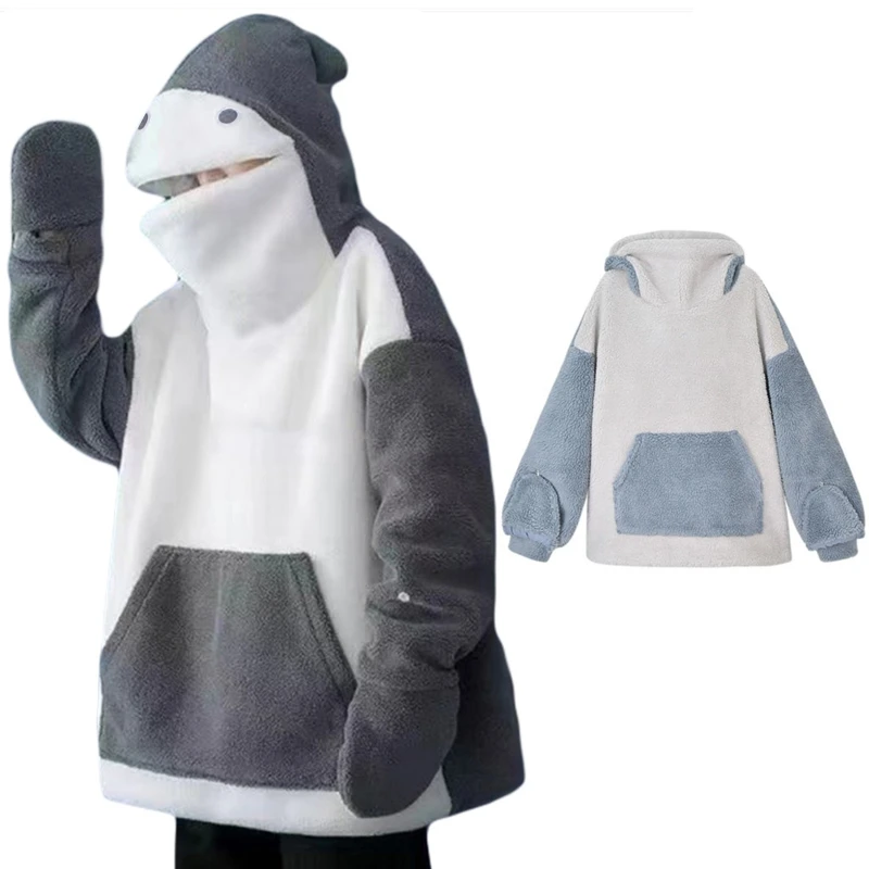 

Women Shark Hoodies Mouth Faux Fleece Sweatshirt Oversized Pullover Top Dropship