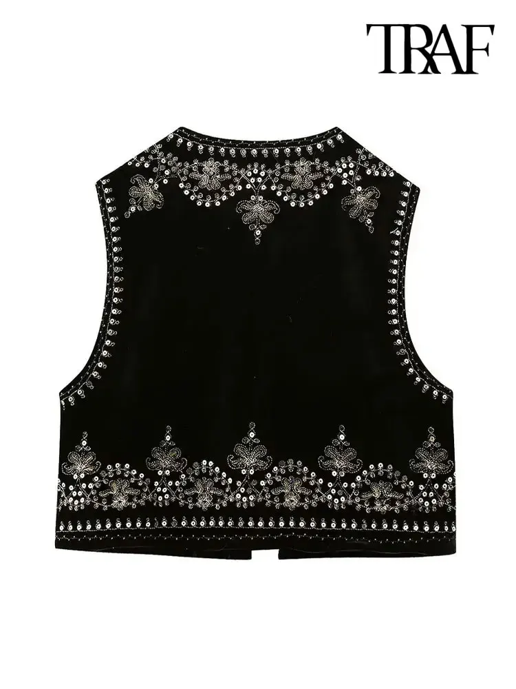 TRAF Women Fashion With Sequin Floral Embroidery Crop Waistcoat Vintage O Neck Sleeveless Female Outerwear Chic Vest Tops 2
