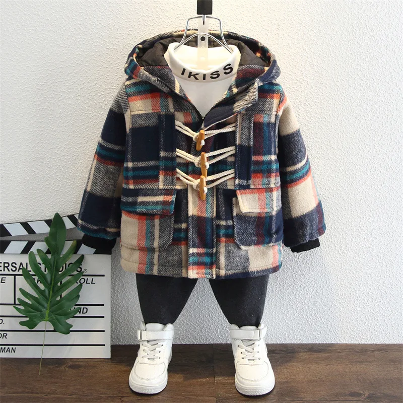 2022 Winter Girls Boys Casual Hooded Plaid Jacket With Buttons Baby Kids Children Thick Warm
