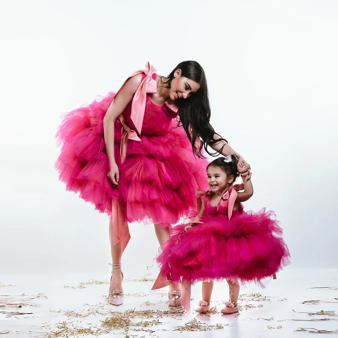 

Trendy Hot Pink Tulle Mommy And Me Dress Extra Puffy Ruffled Mother & Daughter Birthday Party Dresses A-line Tiered Tulle Dress