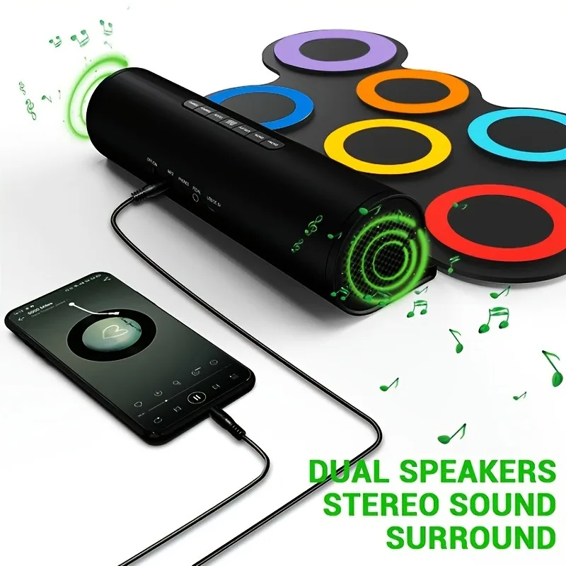 Bateria Eletronica,Portable 7 Pad Roll-Up Electronic Drum,Practice Kit,with Headphone Jack Built-in Speaker Pedal/Stick/Foldable
