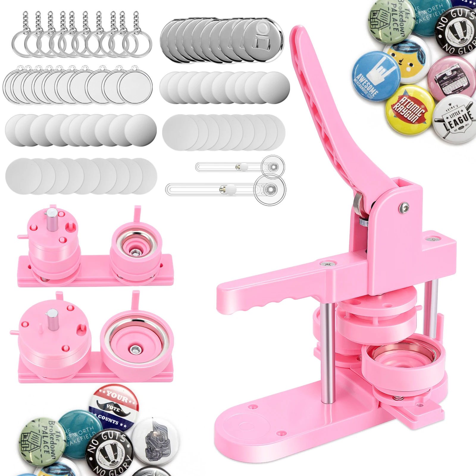 Máquina de fazer crachá de botão rosa Molde, Pin Press Machine, 300 conjuntos de suprimentos, 2 cortador redondo, presente infantil, 32mm, 58mm