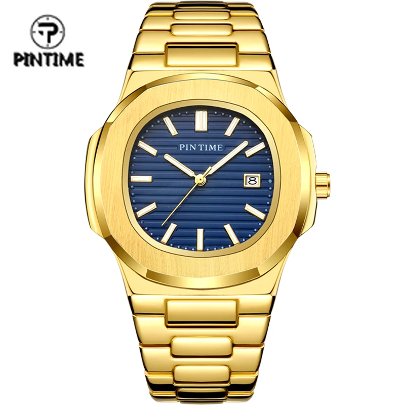 PINTIME Top Brand Mens Watch Gold Square Face Fashion Watches Stainless Steel Band Casual Wristwatch for Men with Calendar