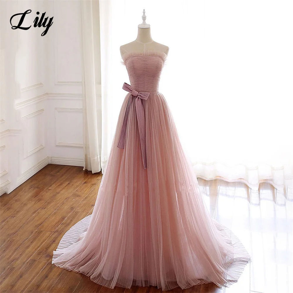 

Lily Pink Strapless Prom Dress Pleat Sleeveless Celebrity Dresses Net with Bow Women's Evening Dress A Line Formal Gown 프롬 드레스